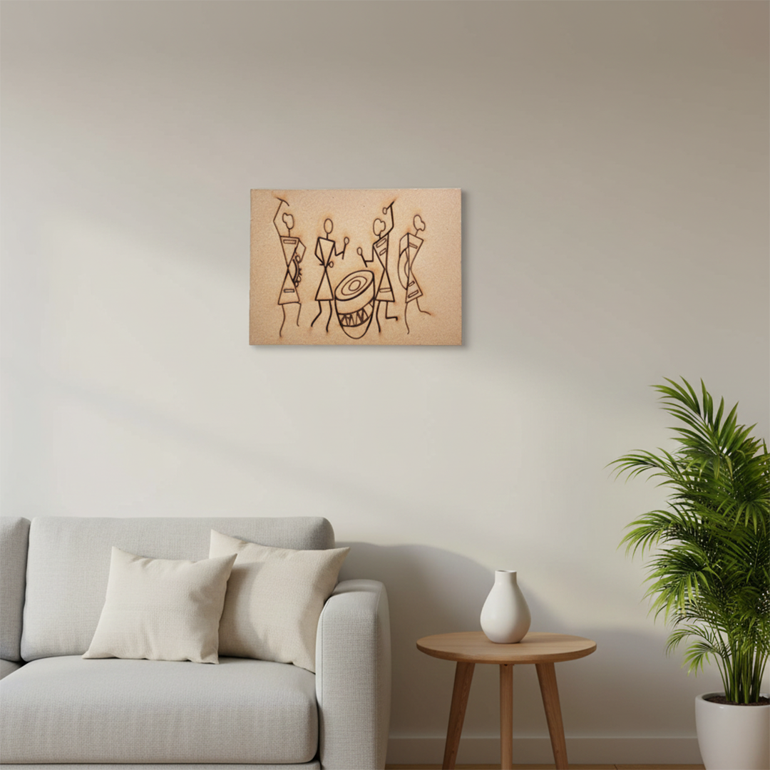 Unpainted MDF Warli art base with tribal musicians and drum, perfect for DIY painting, mounted on wall