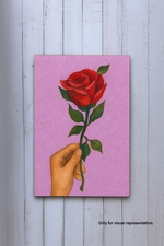 Completed DIY painting of hand holding red rose on MDF board – sample finished look"
