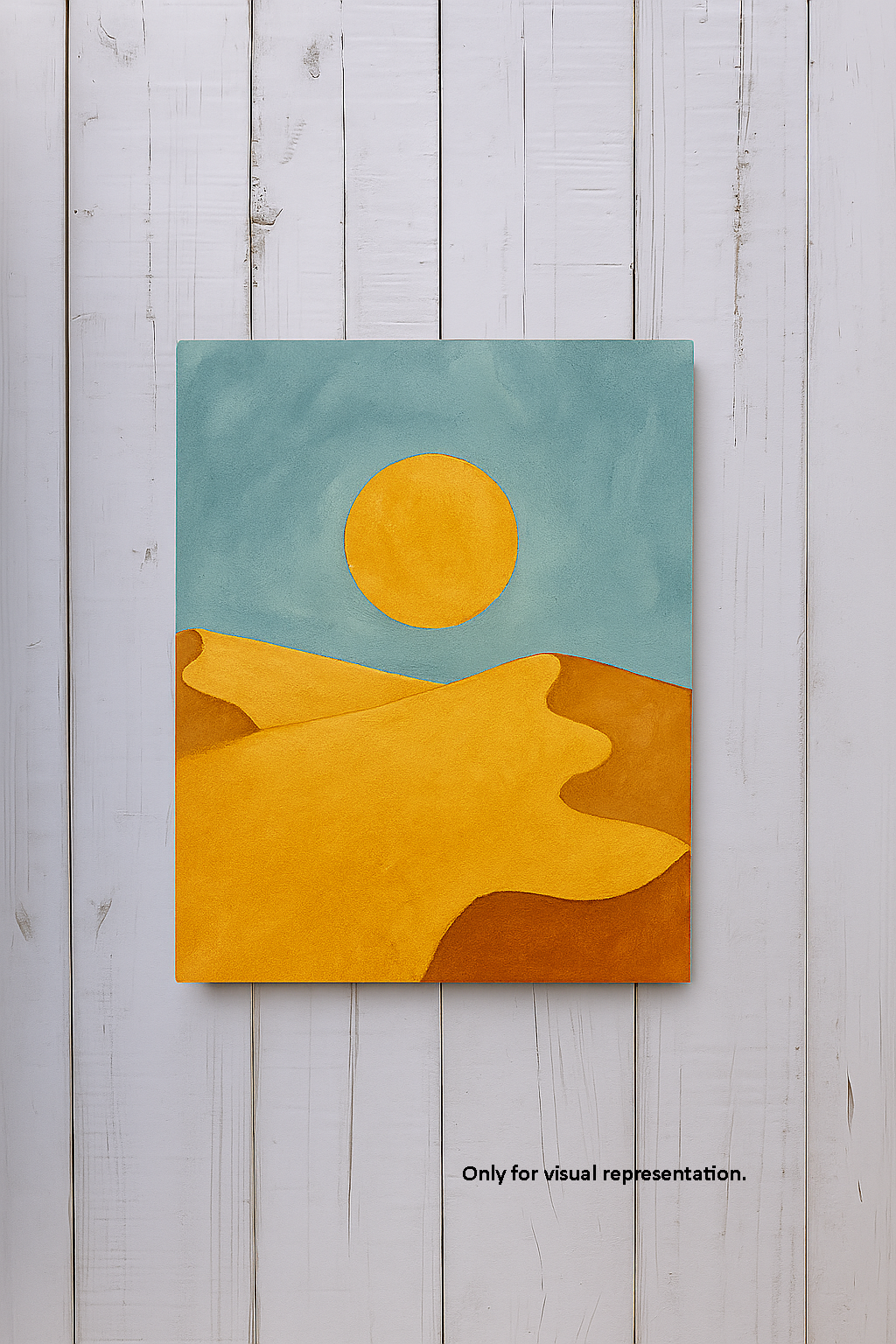 Hand-painted DIY traditional desert sunset scene with yellow sand dunes and sun on blue sky background, perfect for wall décor.