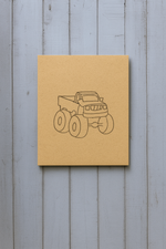 DIY traditional painting of a monster truck on MDF board – perfect for kids to paint 