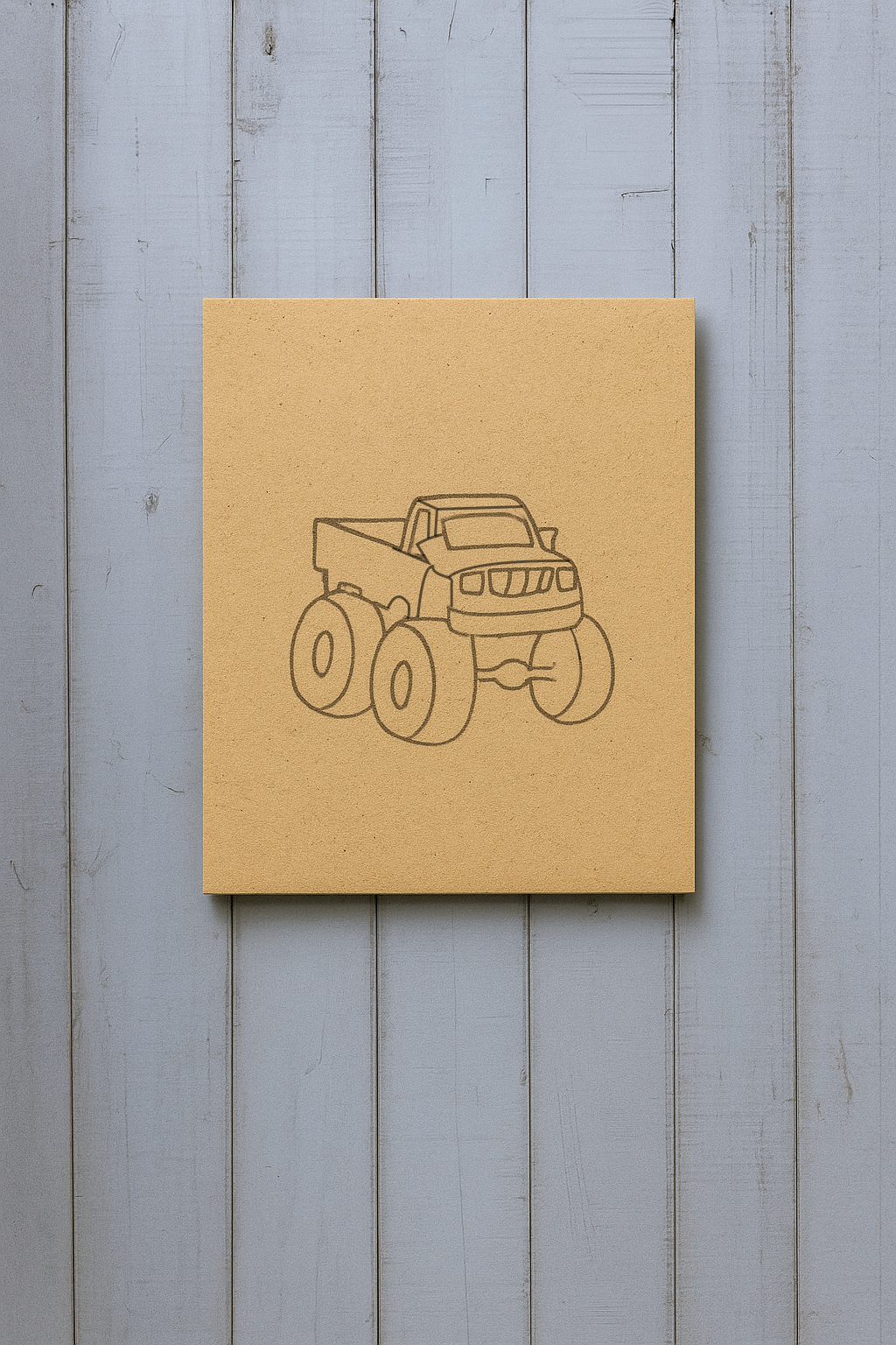 DIY traditional painting of a monster truck on MDF board – perfect for kids to paint 