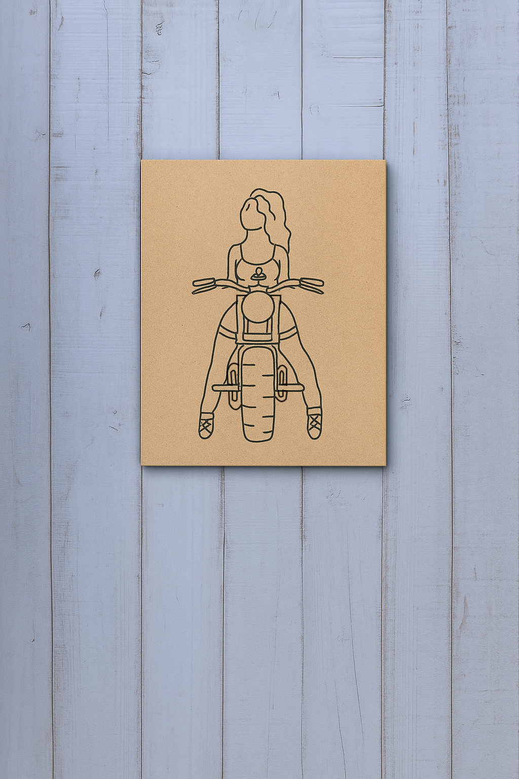 DIY MDF Painting Board with Woman Riding Motorcycle Outline – Unpainted