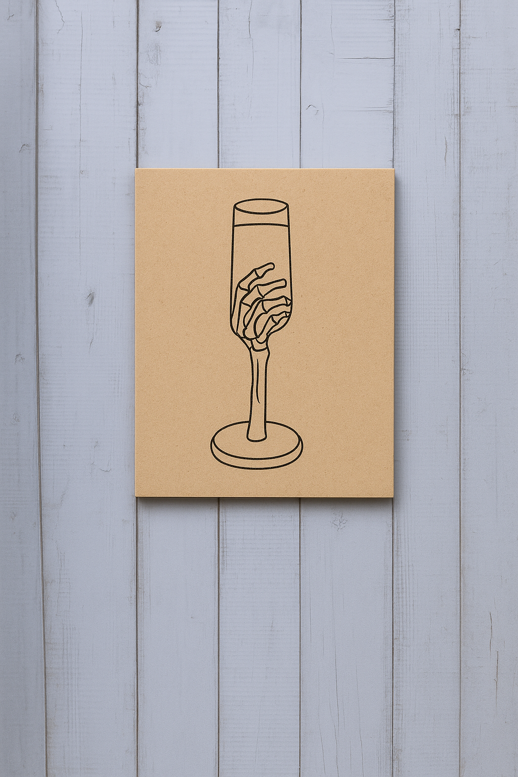DIY MDF painting of a skeleton hand holding a wine glass – pre-marked base for painting