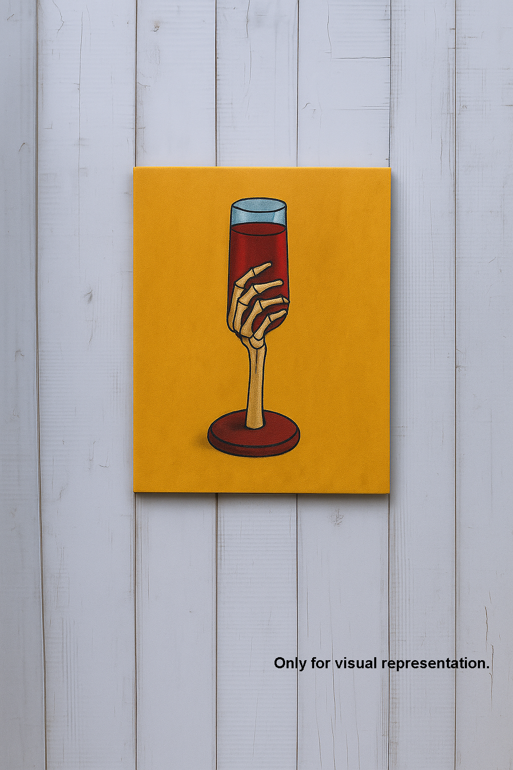 DIY MDF painting of a skeleton hand holding a wine glass