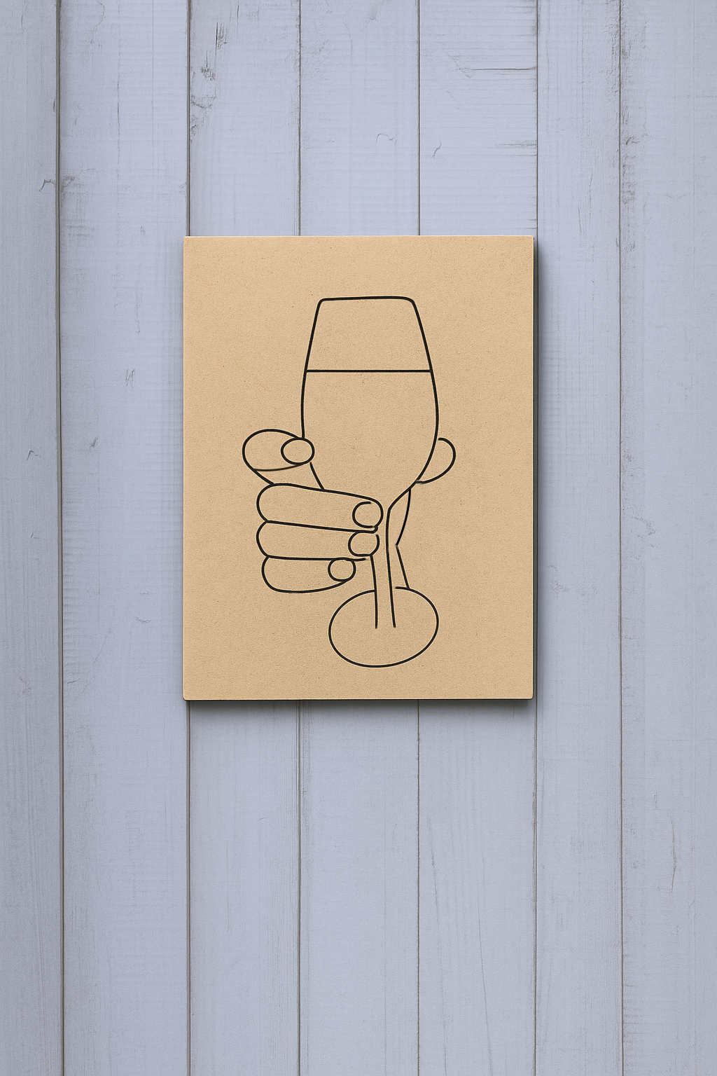 Unpainted MDF board with pre-marked design of hand holding a wine glass – DIY art base