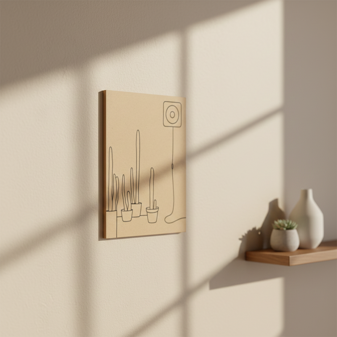 Pre-marked MDF painting board featuring cactus pots and wall art outline , mounted on wall