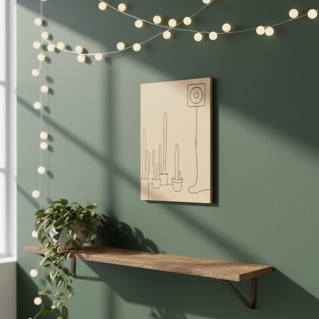 Pre-marked MDF painting board featuring cactus pots and wall art outline , mounted on wall