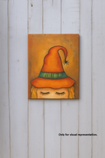 DIY traditional painting of a witch hat with spider and closed eyelashes on MDF board