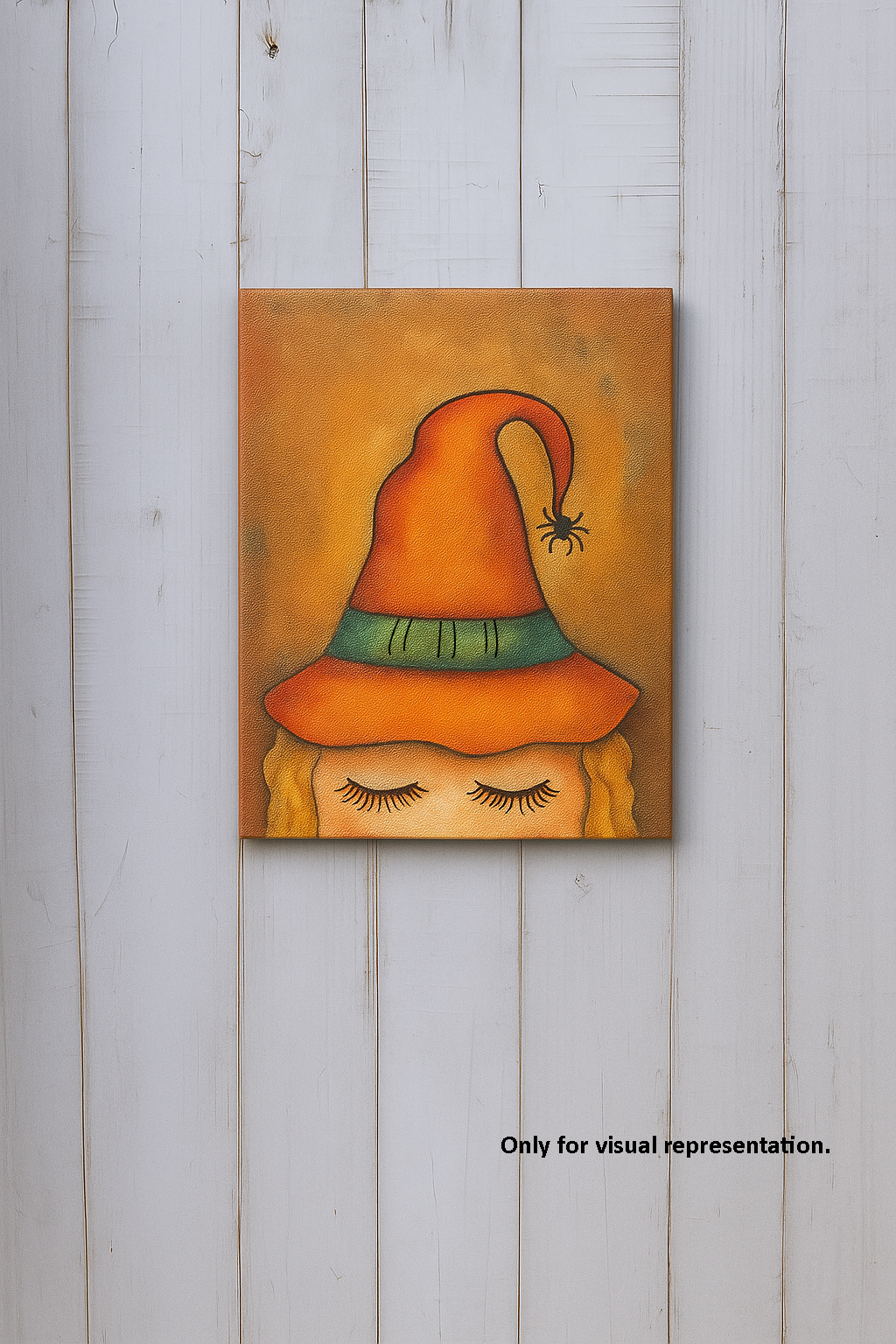 DIY traditional painting of a witch hat with spider and closed eyelashes on MDF board
