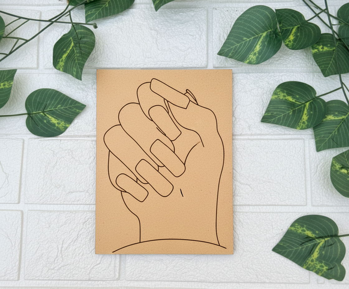 DIY traditional painting MDF art panel featuring a bold line art of a hand holding another hand