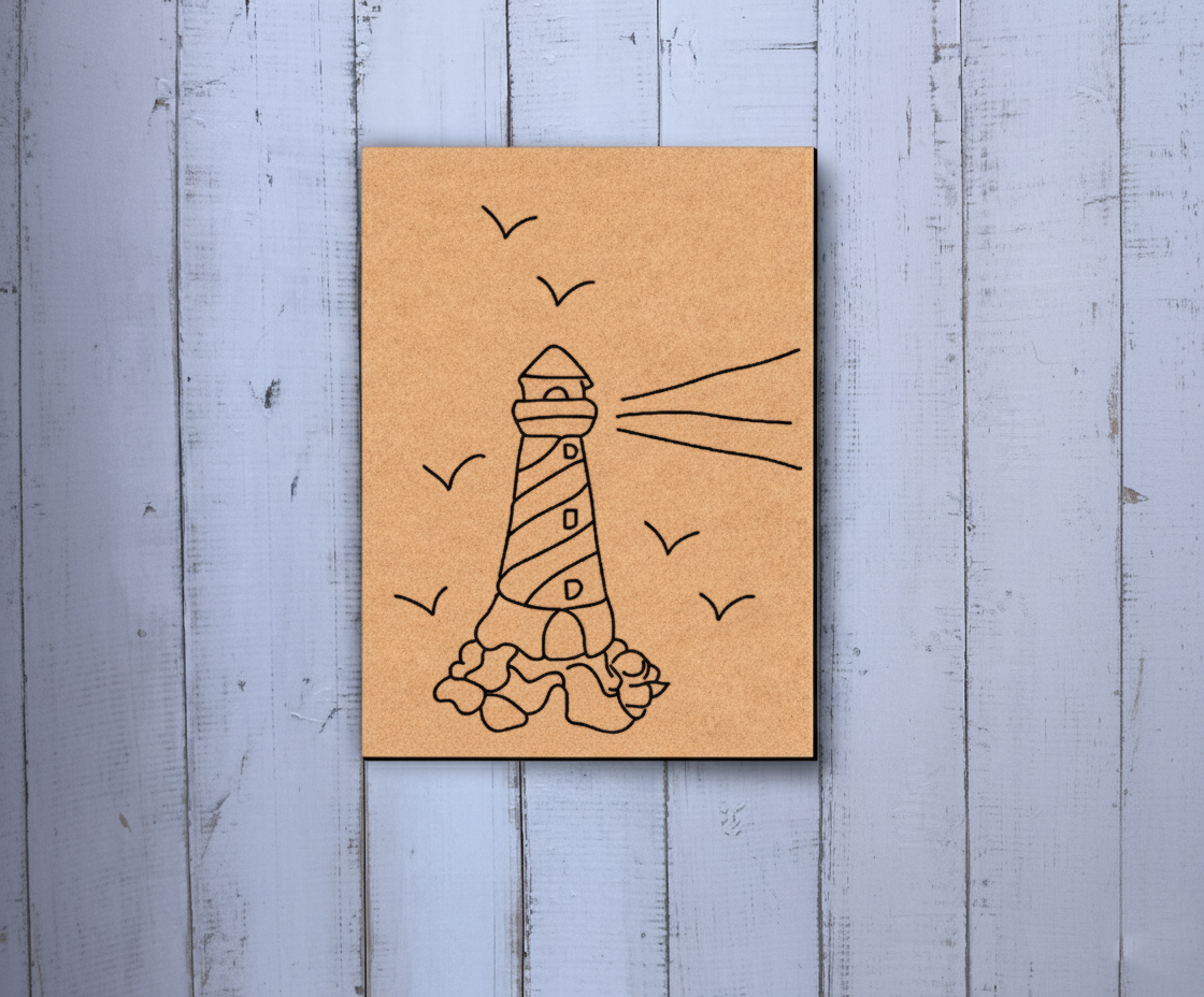 Unpainted MDF pre-marked lighthouse with seagulls design for DIY painting activity