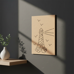 Unpainted MDF pre-marked lighthouse with seagulls design for DIY painting activity, mounted on wall
