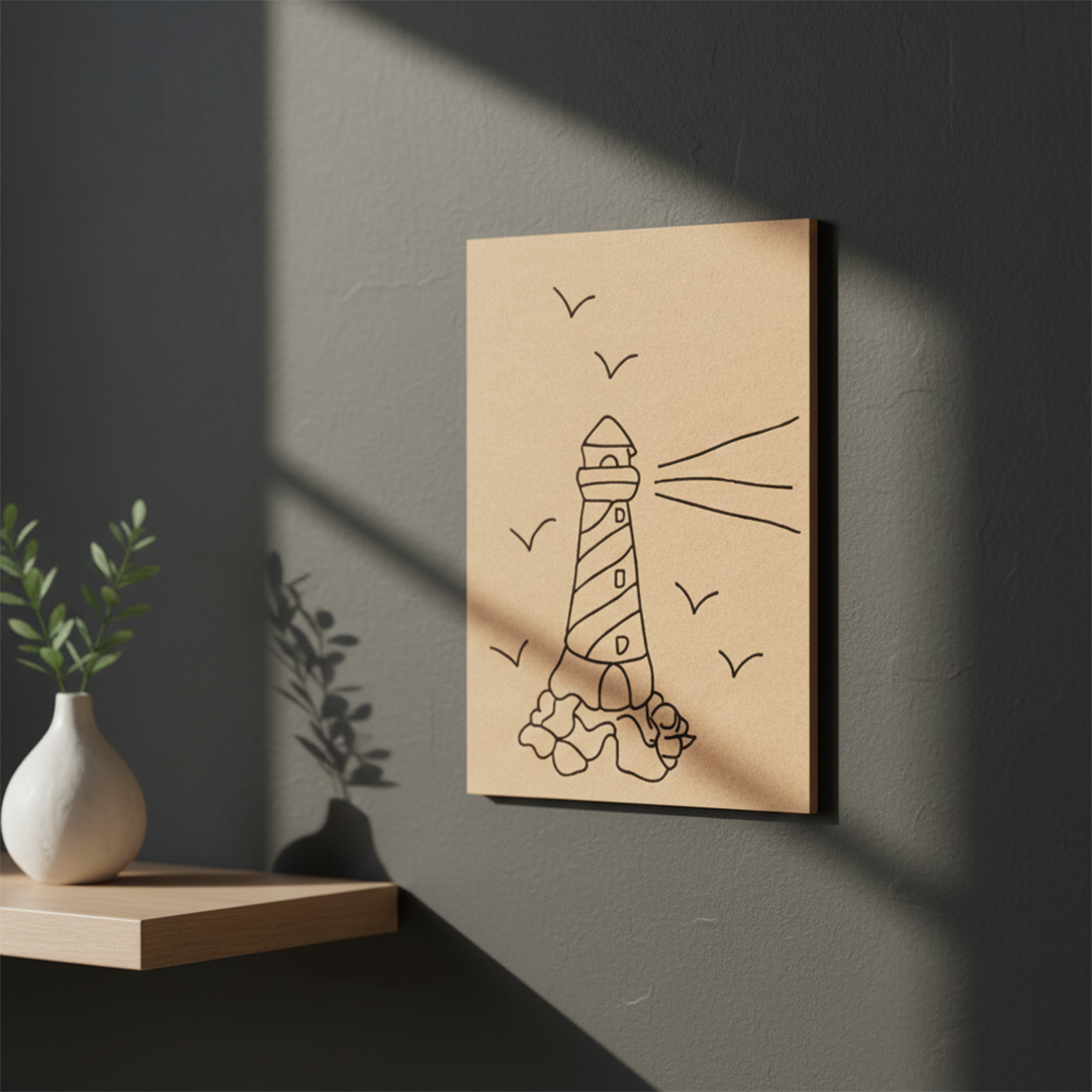 Unpainted MDF pre-marked lighthouse with seagulls design for DIY painting activity, mounted on wall