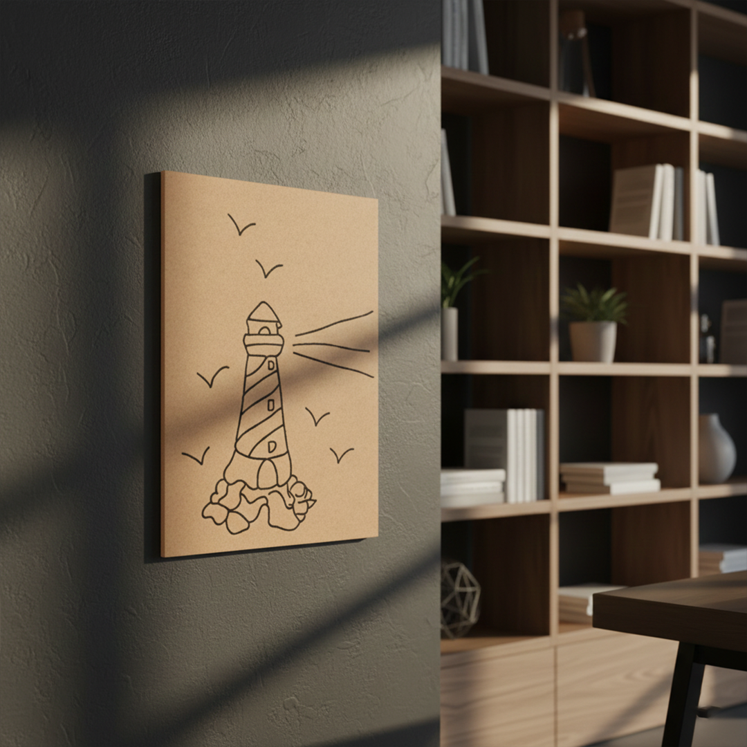Unpainted MDF pre-marked lighthouse with seagulls design for DIY painting activity, mounted on wall
