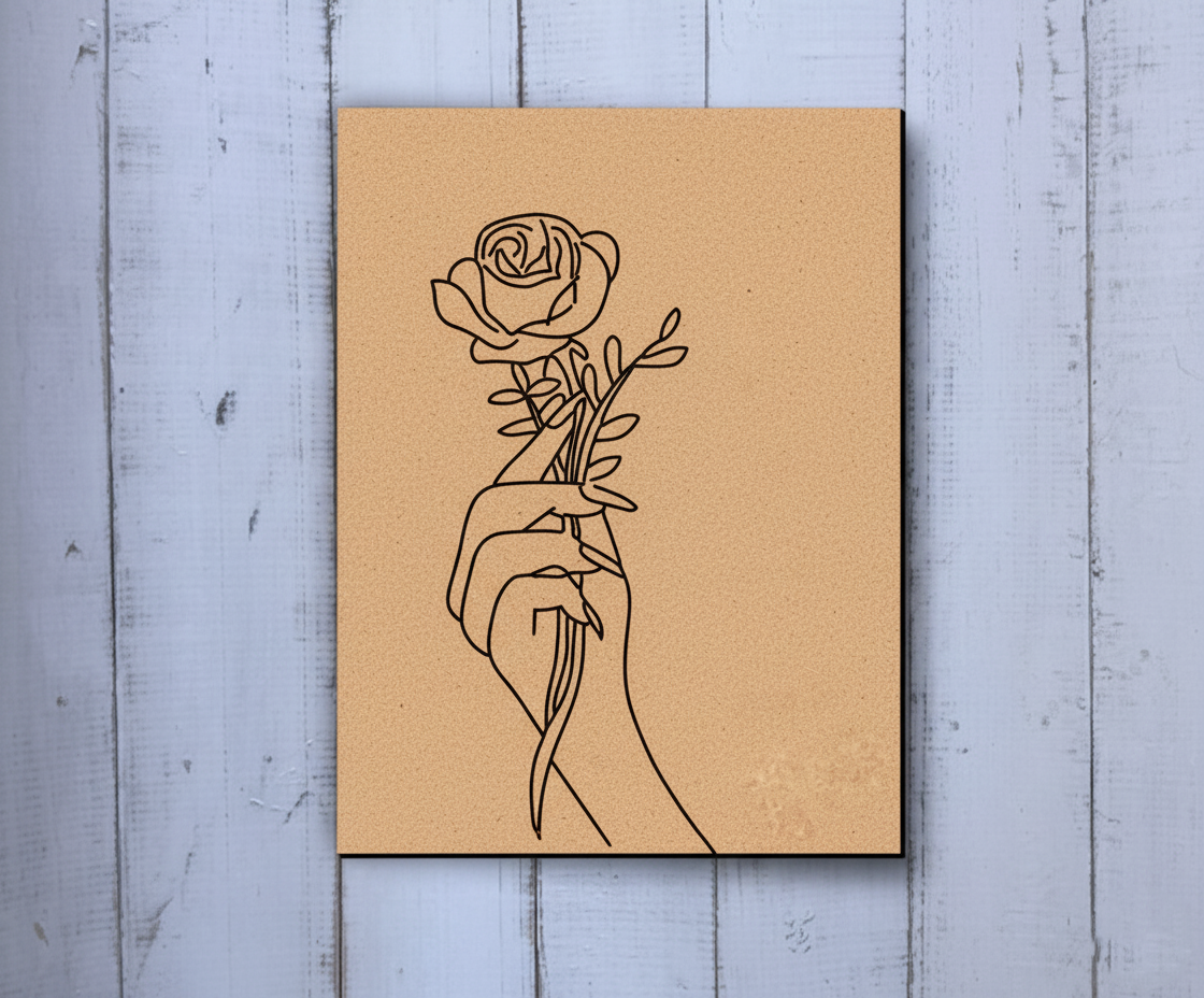 Pre-marked MDF painting board featuring a hand holding a rose design.