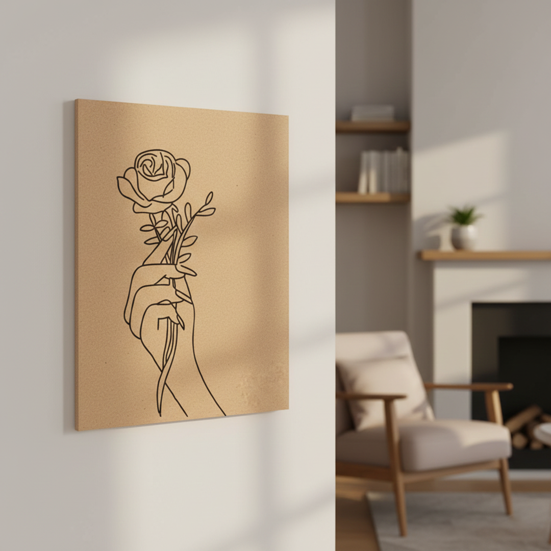 Pre-marked MDF painting board featuring a hand holding a rose design, mounted on wall