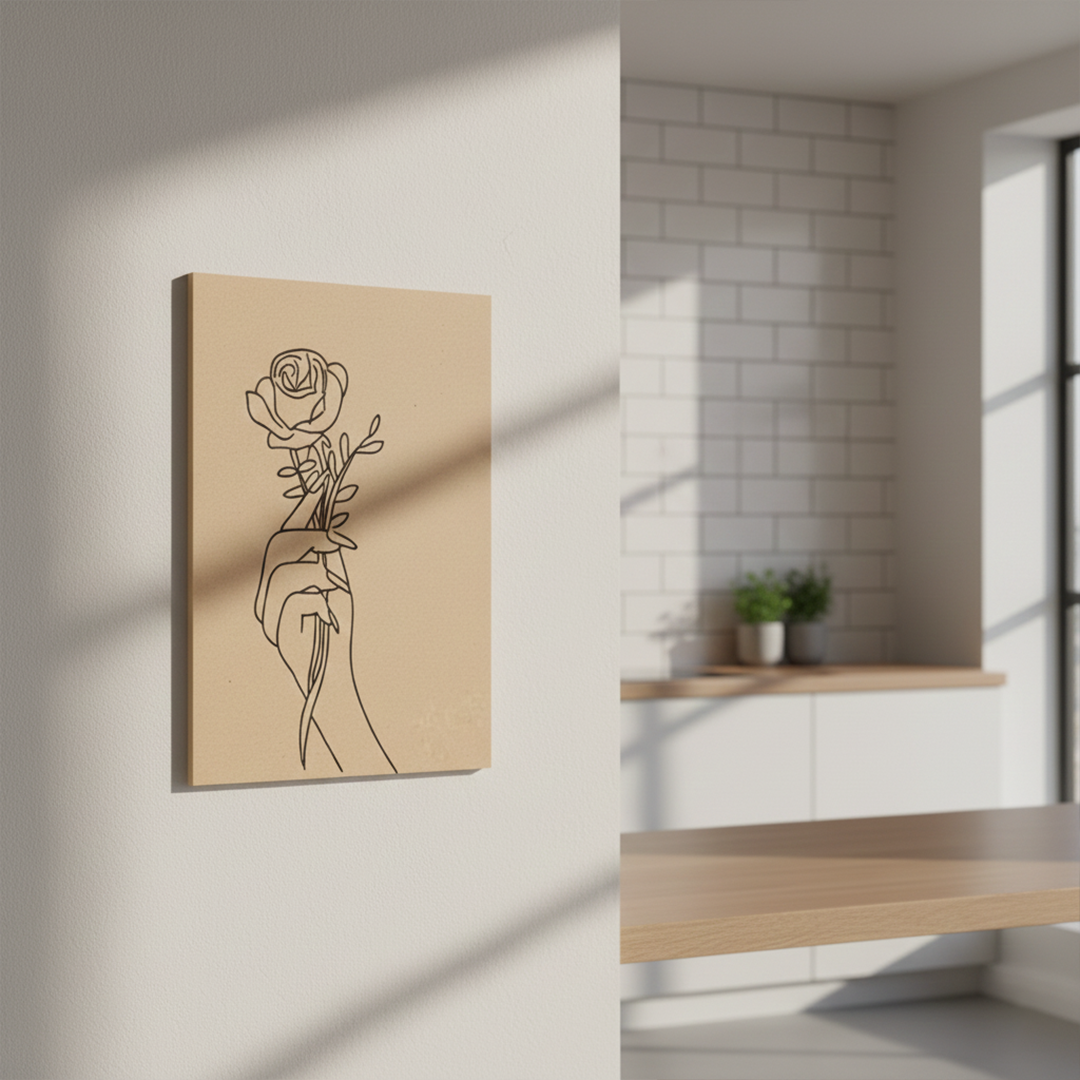 Pre-marked MDF painting board featuring a hand holding a rose design, mounted on wall