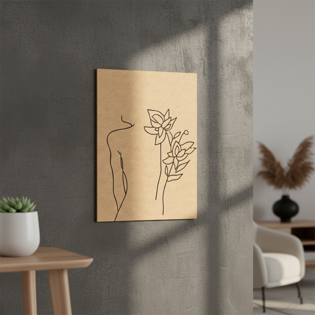 DIY traditional painting MDF base of romantic female silhouette with floral design, mounted on wall