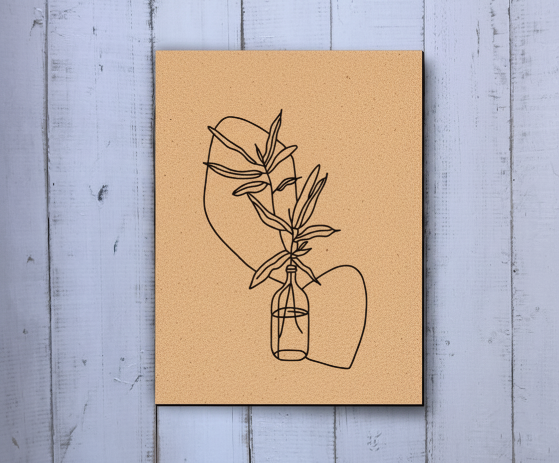 Unpainted DIY Traditional Painting Base – Minimalist Leaf in Bottle Line Art on MDF Board