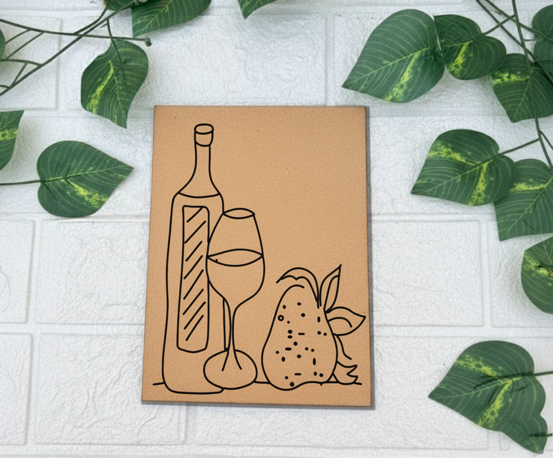 Unpainted MDF pre-marked wine bottle, glass and fruit outline for DIY painting activity