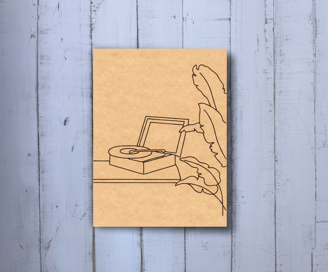 DIY MDF painting board with gramophone and banana leaves design – pre-marked outline.