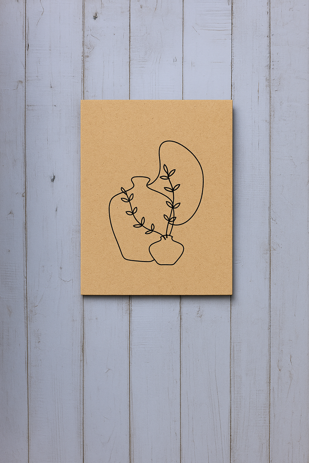MDF wall art panel with abstract vase and leaf outline design, unpainted.