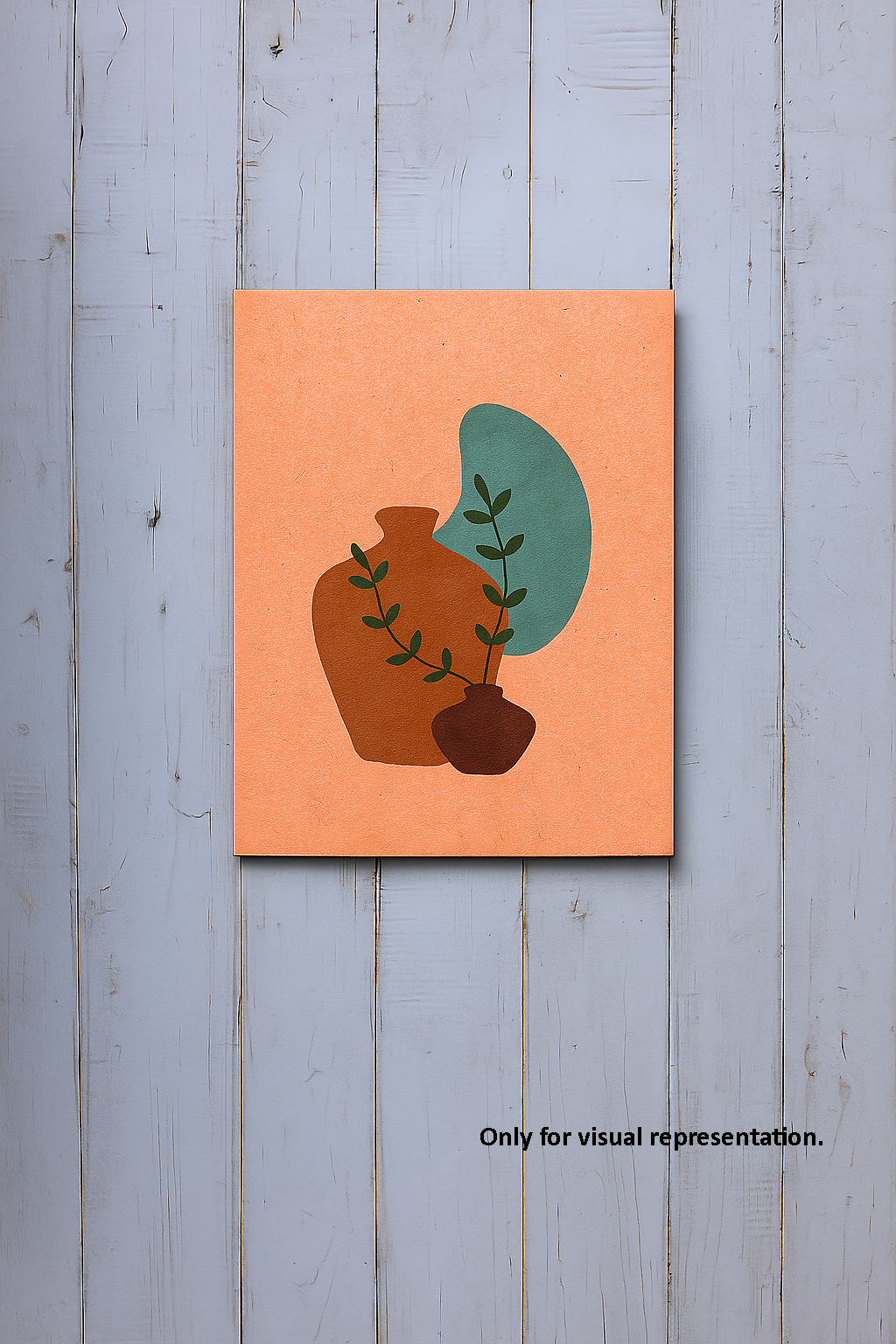 Color-filled representation of MDF wall art with earthy tones, abstract vase and leaf design.
