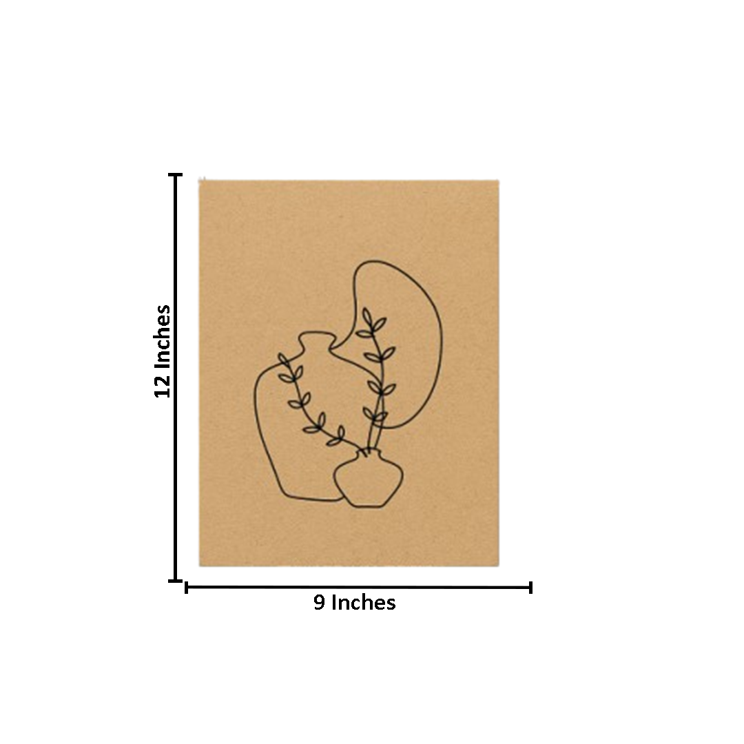 MDF wall art panel with abstract vase and leaf outline design, unpainted with size