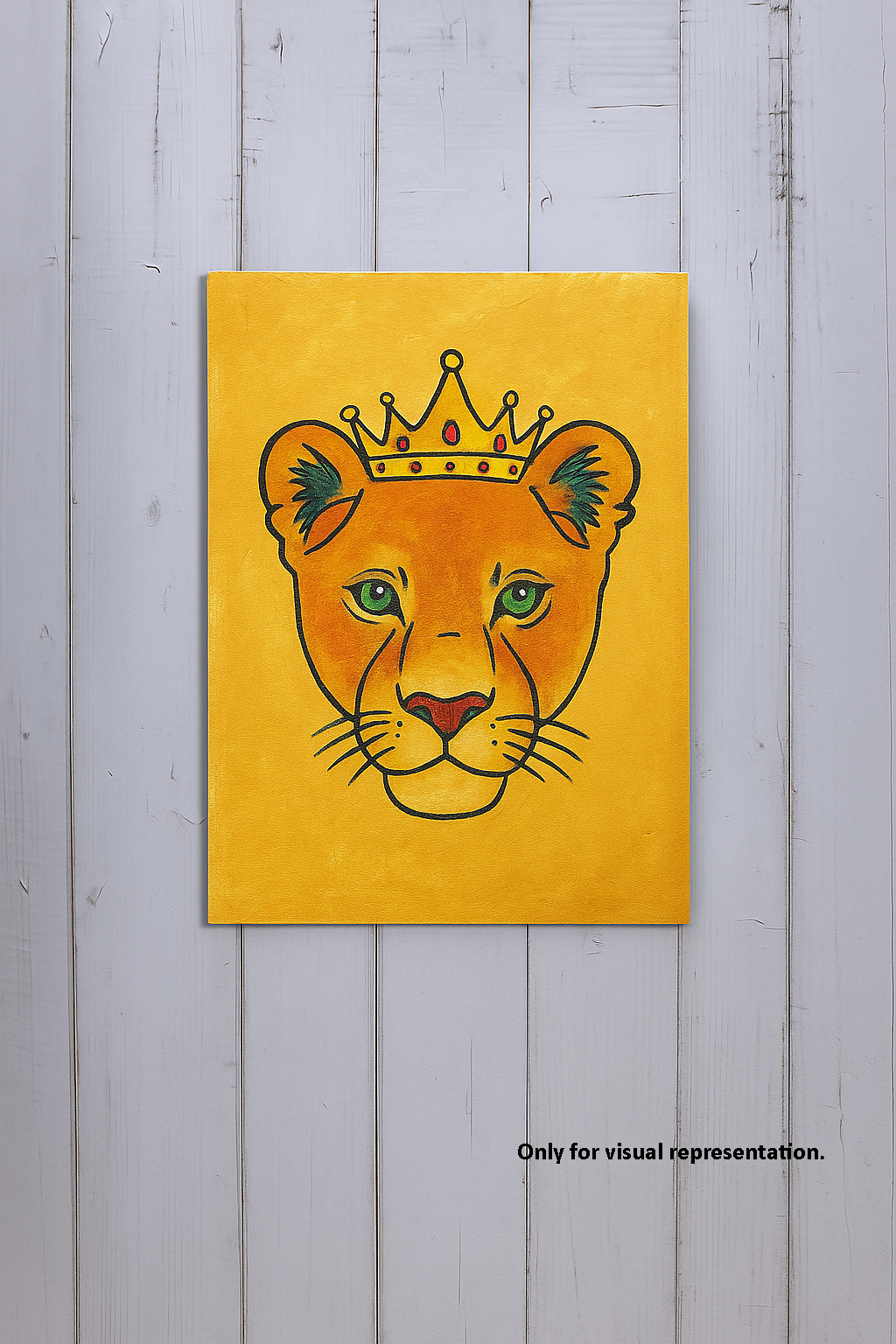 Finished DIY lion king traditional painting with crown in vibrant yellow background – home décor wall art