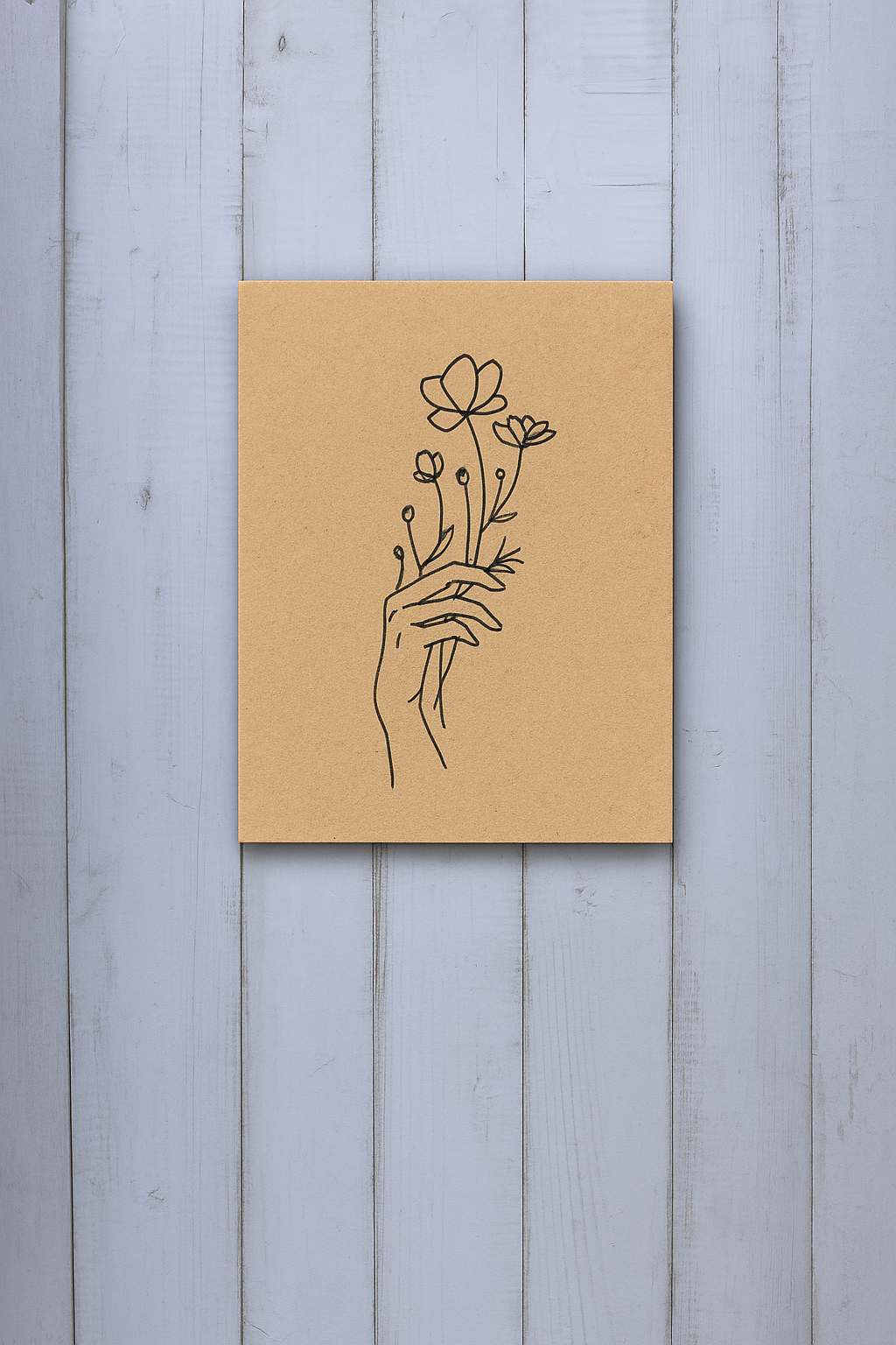 DIY MDF painting base with hand holding flowers line art – perfect for acrylic painting and wall décor