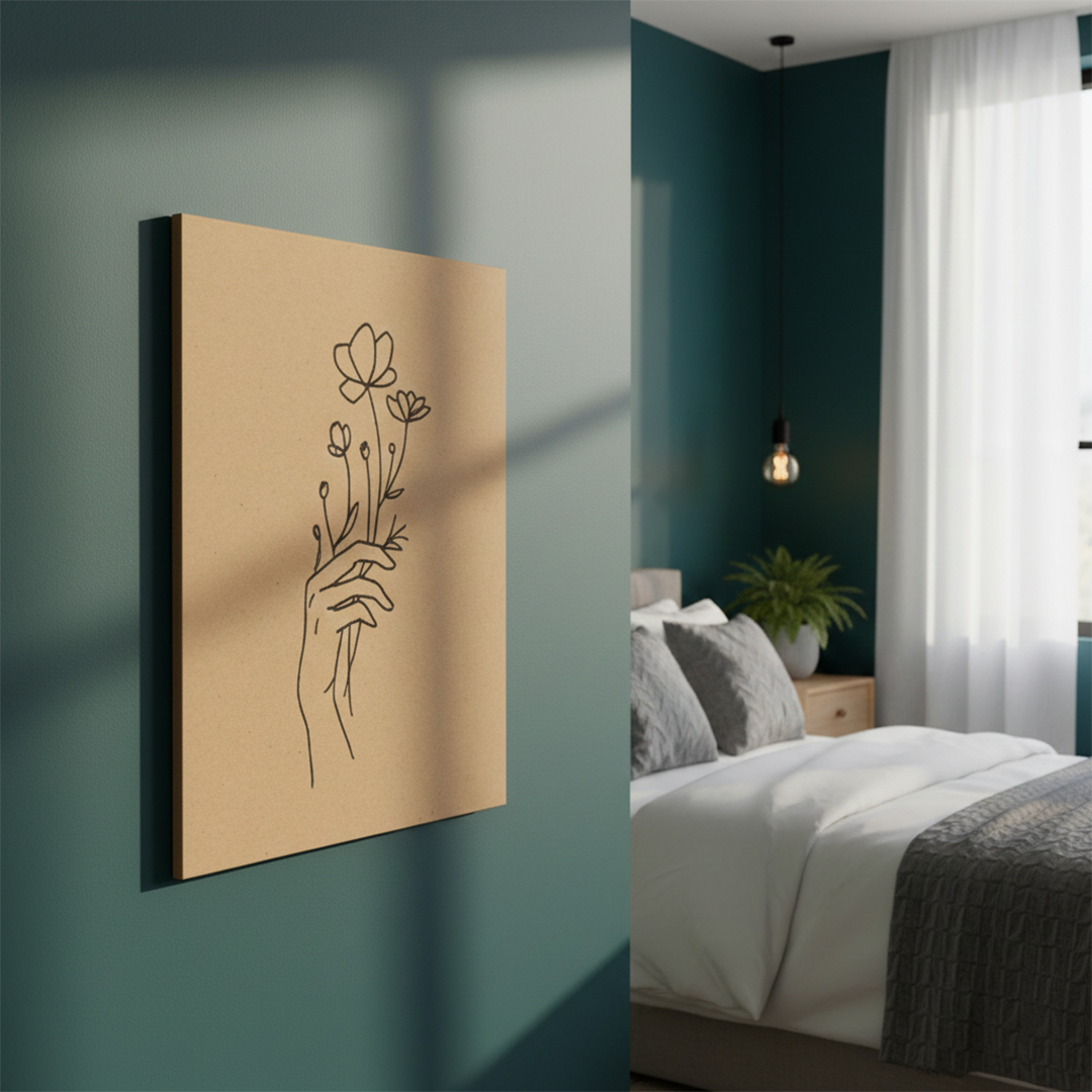 DIY MDF painting base with hand holding flowers line art – perfect for acrylic painting and wall décor, mounted on wall