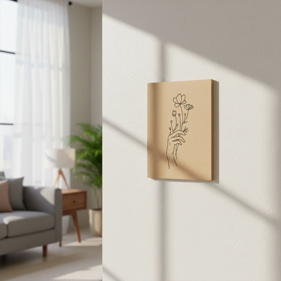 DIY MDF painting base with hand holding flowers line art – perfect for acrylic painting and wall décor, mounted on wall