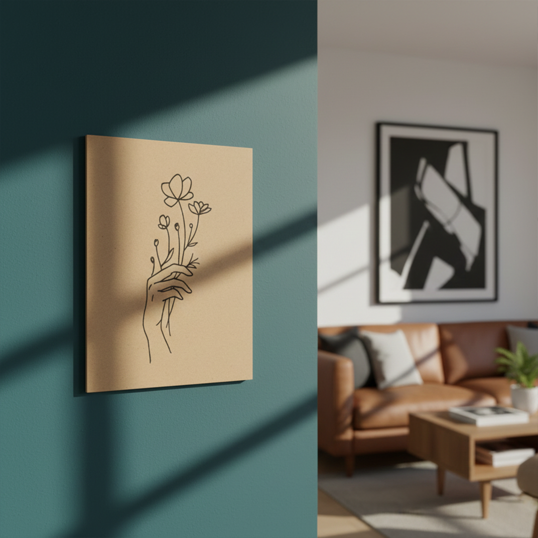 DIY MDF painting base with hand holding flowers line art – perfect for acrylic painting and wall décor, mounted on wall