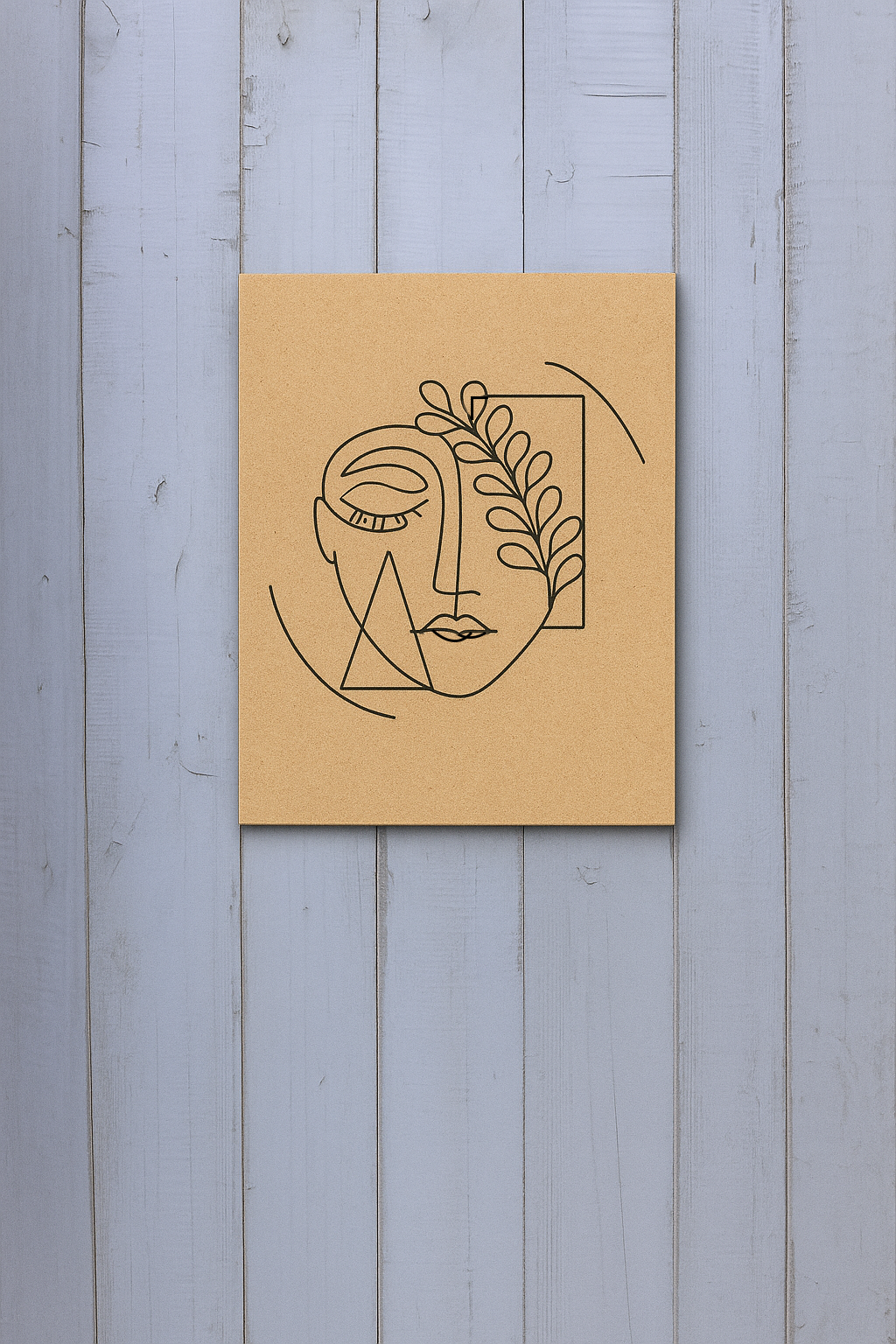 DIY abstract face with leaf line art on MDF board – unpainted and painted version for modern home décor