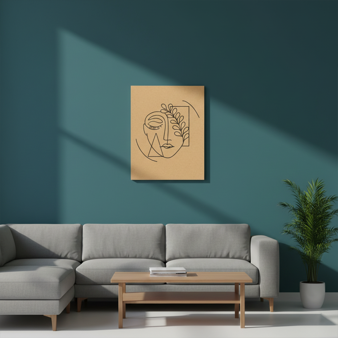 DIY abstract face with leaf line art on MDF board – unpainted and painted version for modern home décor, mounted on wall