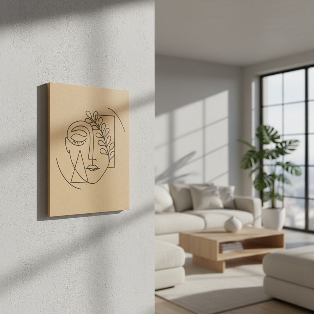 DIY abstract face with leaf line art on MDF board – unpainted and painted version for modern home décor, mounted on wall