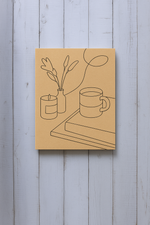 DIY MDF painting kit with cozy reading corner line art design – book, mug, candle 