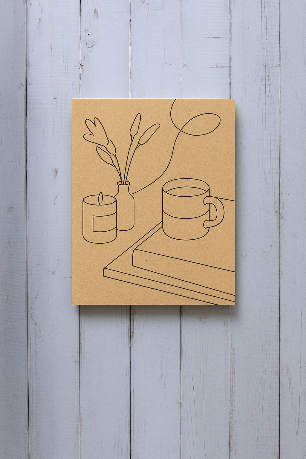 DIY MDF painting kit with cozy reading corner line art design – book, mug, candle 