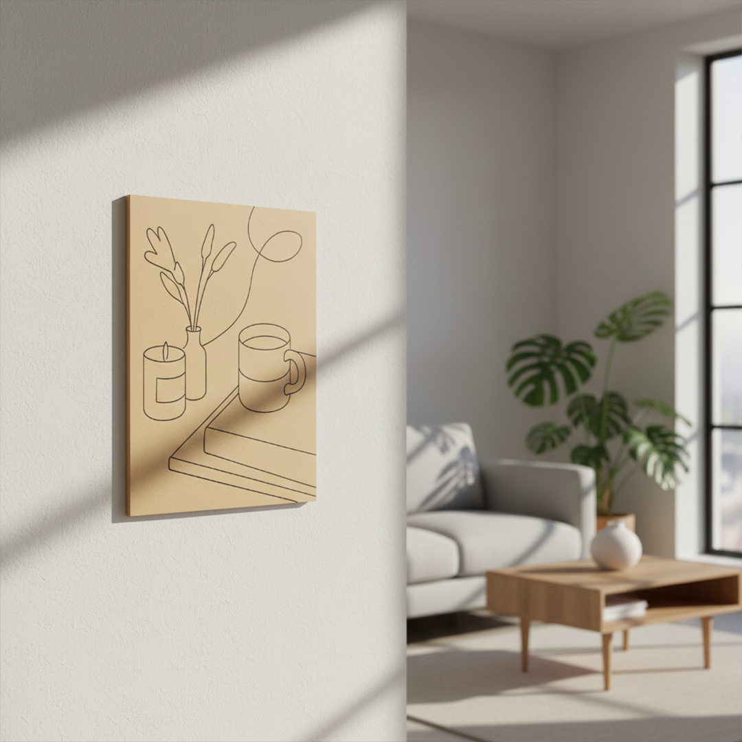 DIY MDF painting kit with cozy reading corner line art design – book, mug, candle hanging on wall