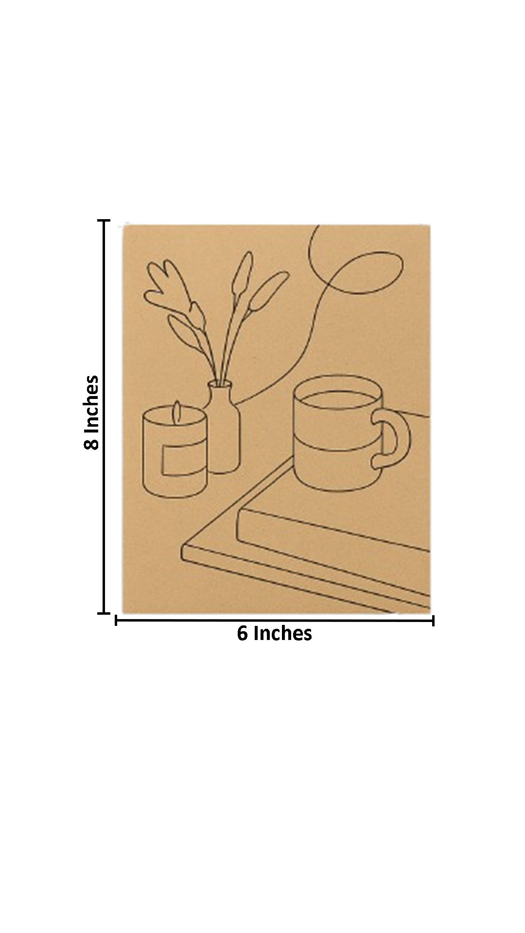DIY MDF painting kit with cozy reading corner line art design – book, mug, candle with size
