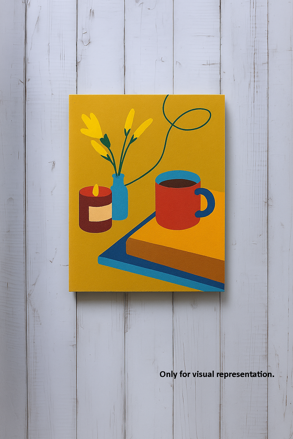 DIY MDF painting kit with cozy reading corner line art design – book, mug, candle, and vase on wooden background