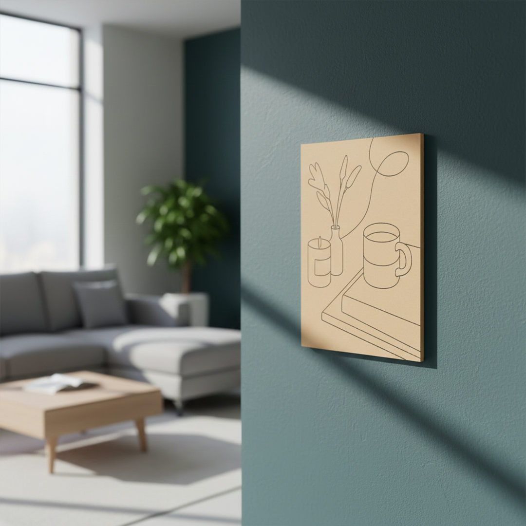 DIY MDF painting kit with cozy reading corner line art design – book, mug, candle hanging on wall