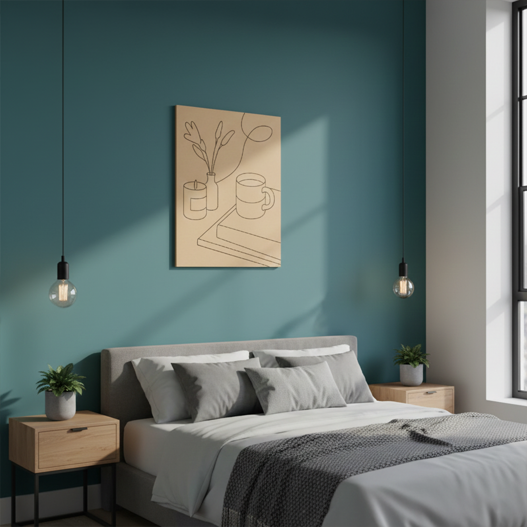 DIY MDF painting kit with cozy reading corner line art design – book, mug, candle hanging on wall