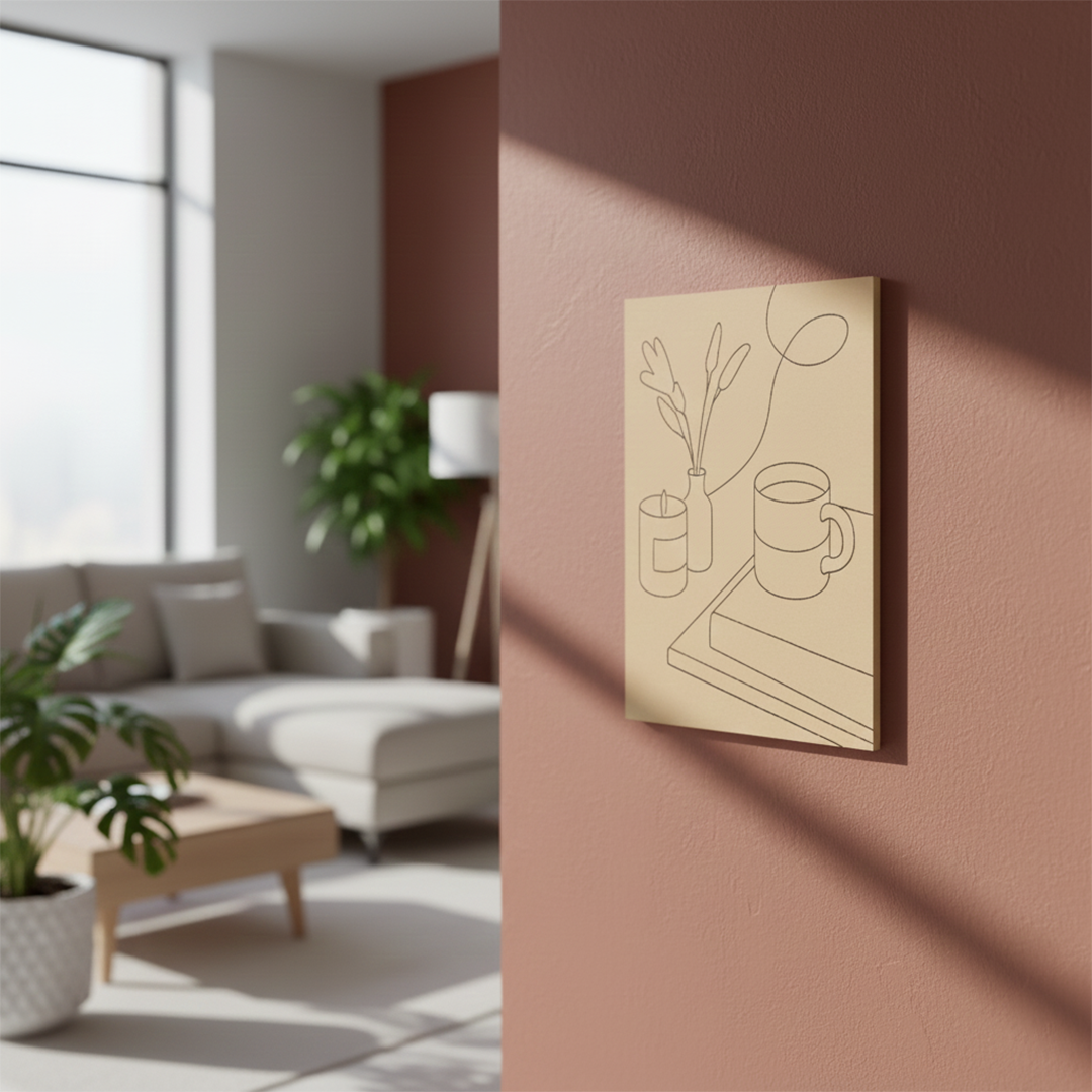 DIY MDF painting kit with cozy reading corner line art design – book, mug, candle hanging on wall