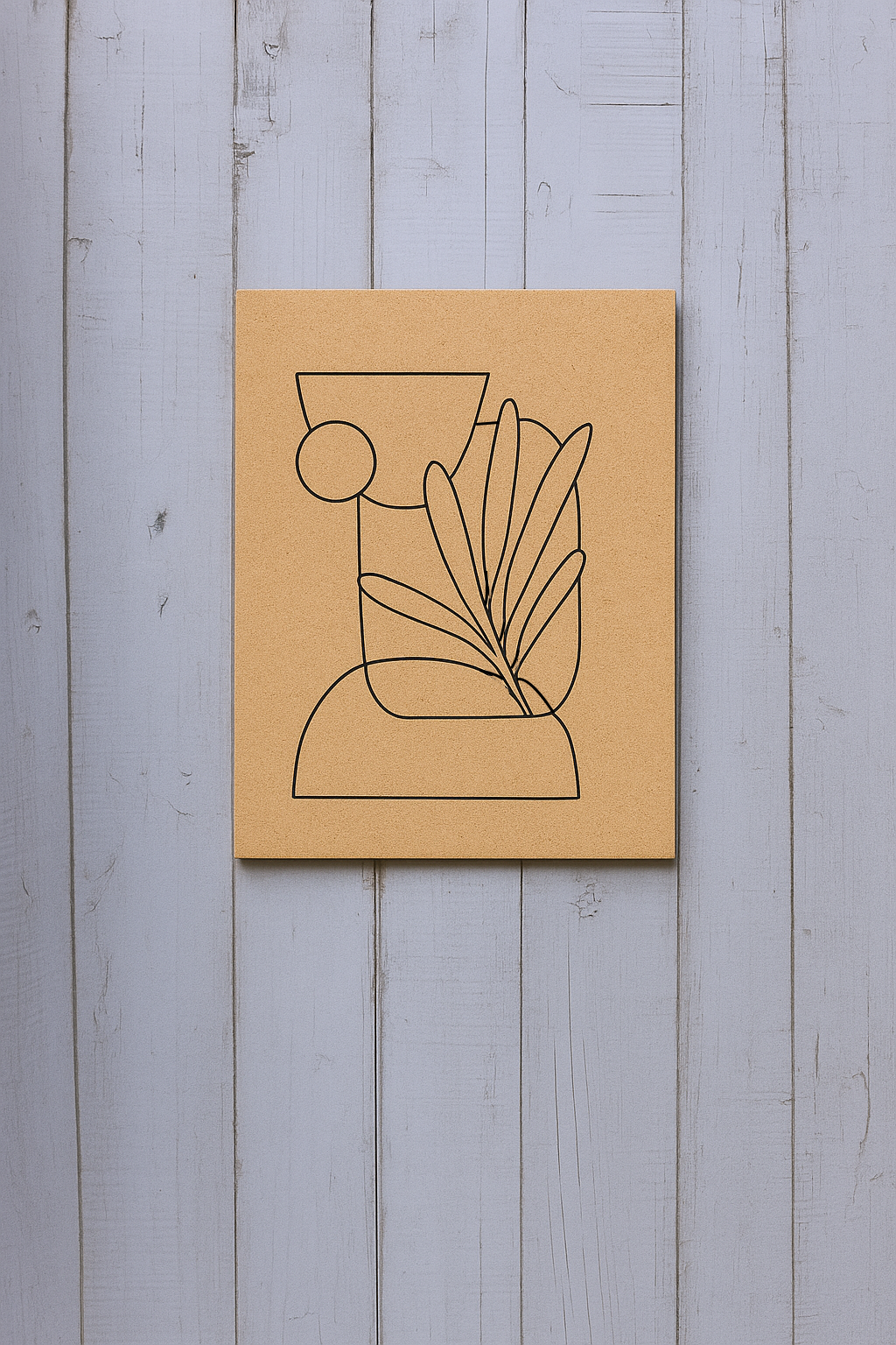 DIY MDF painting base featuring abstract vase with leaves, perfect for acrylic colors and home décor art projects