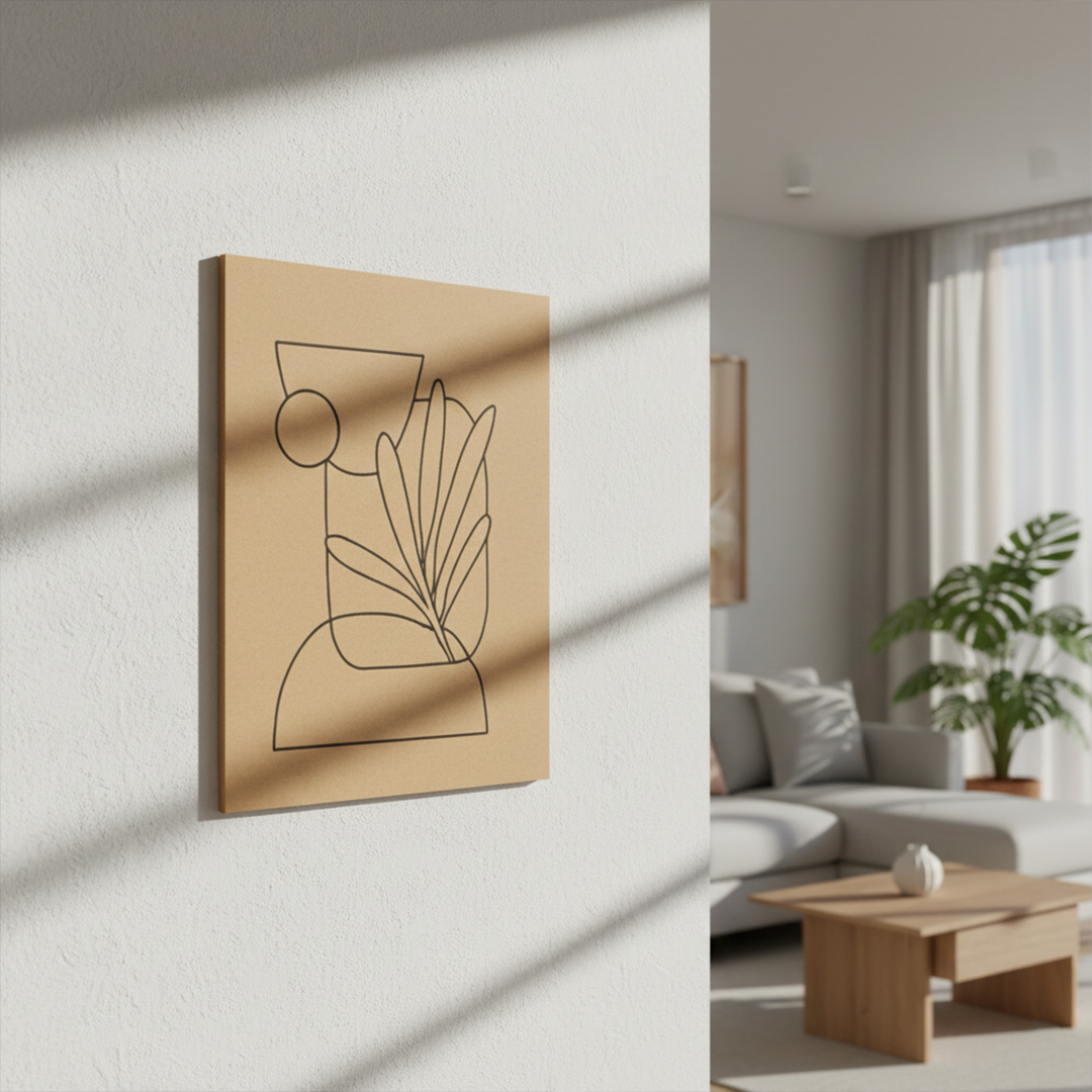 DIY MDF painting base featuring abstract vase with leaves, perfect for acrylic colors and home décor art projects, mounted on wall