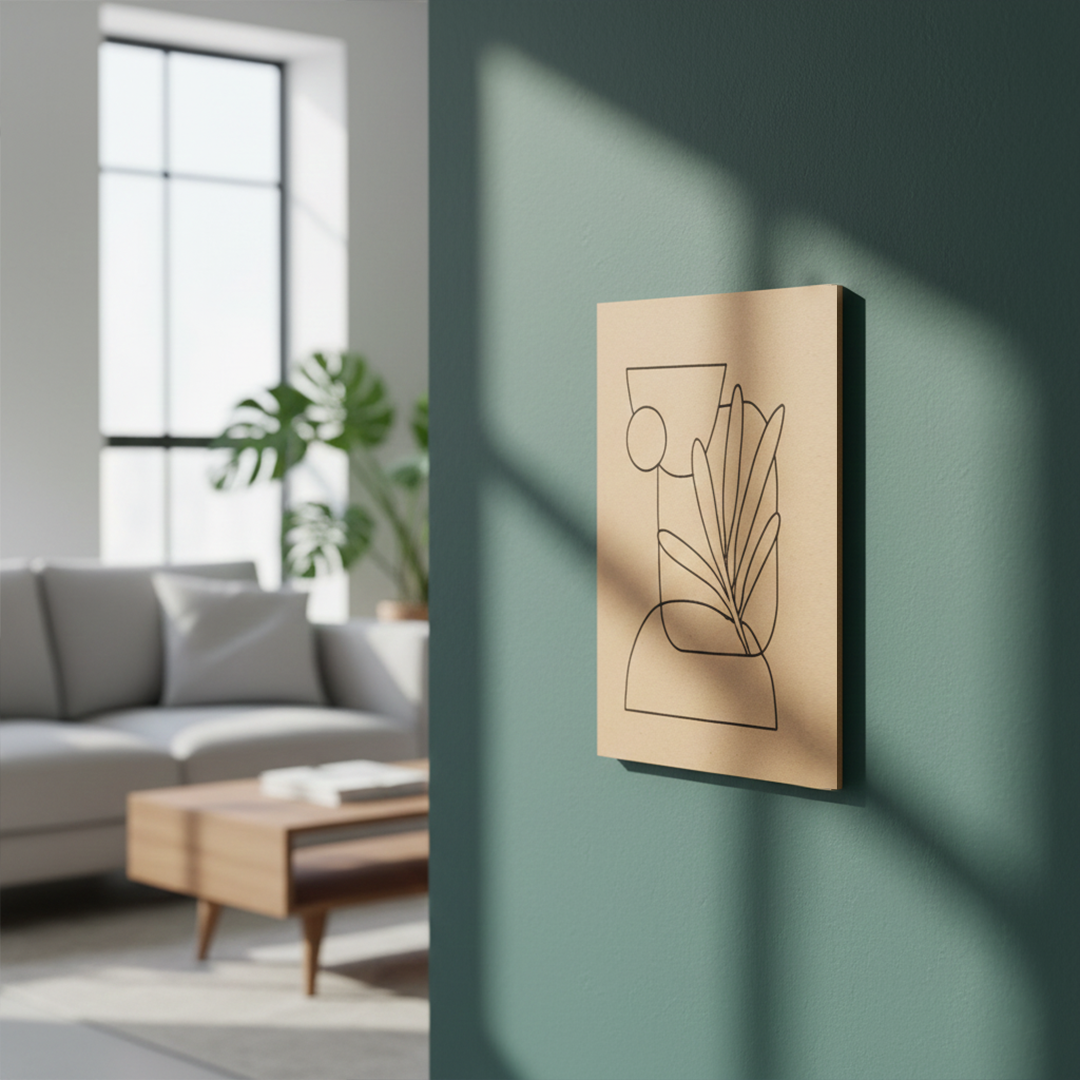 DIY MDF painting base featuring abstract vase with leaves, perfect for acrylic colors and home décor art projects, mounted on wall