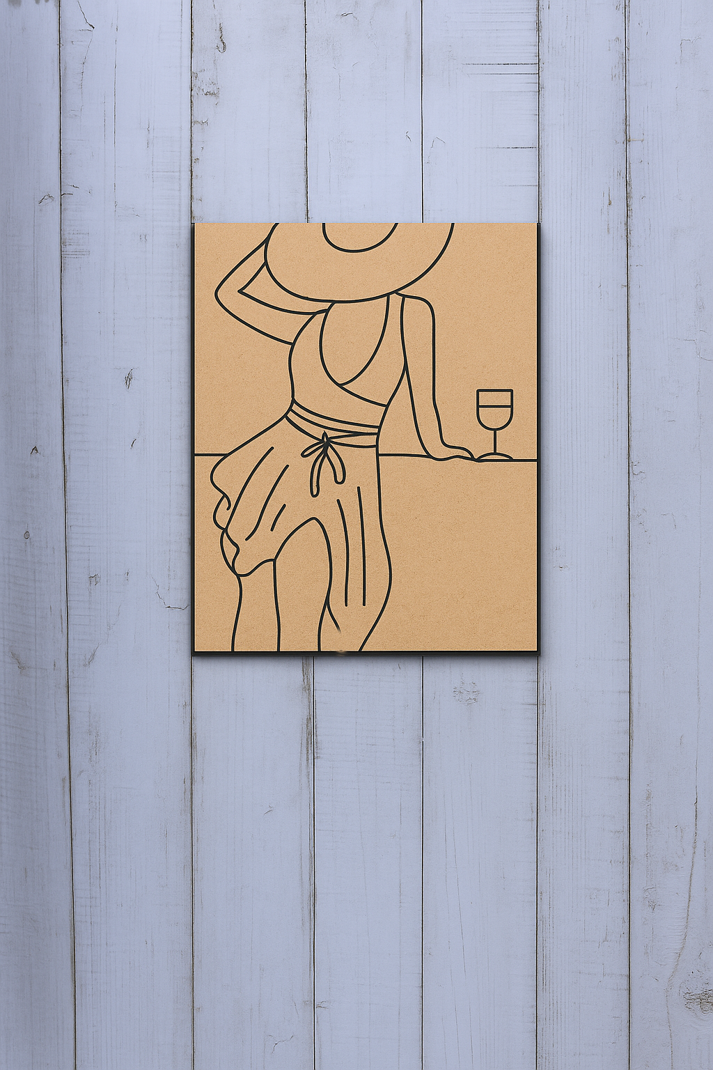 DIY pre-marked MDF board with woman in summer hat line art and wine glass outline