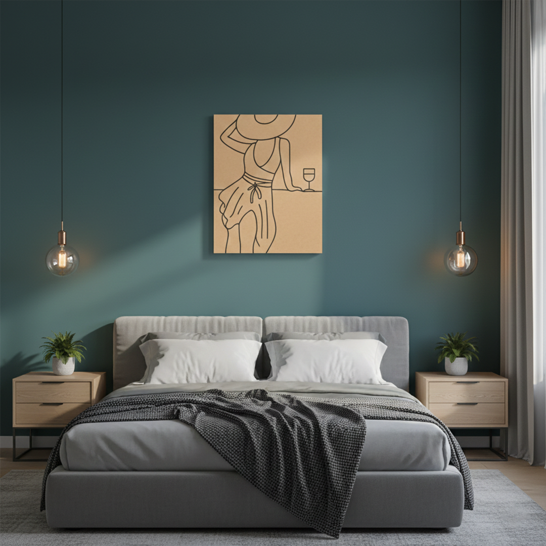 DIY pre-marked MDF board with woman in summer hat line art and wine glass outline hanging on wall