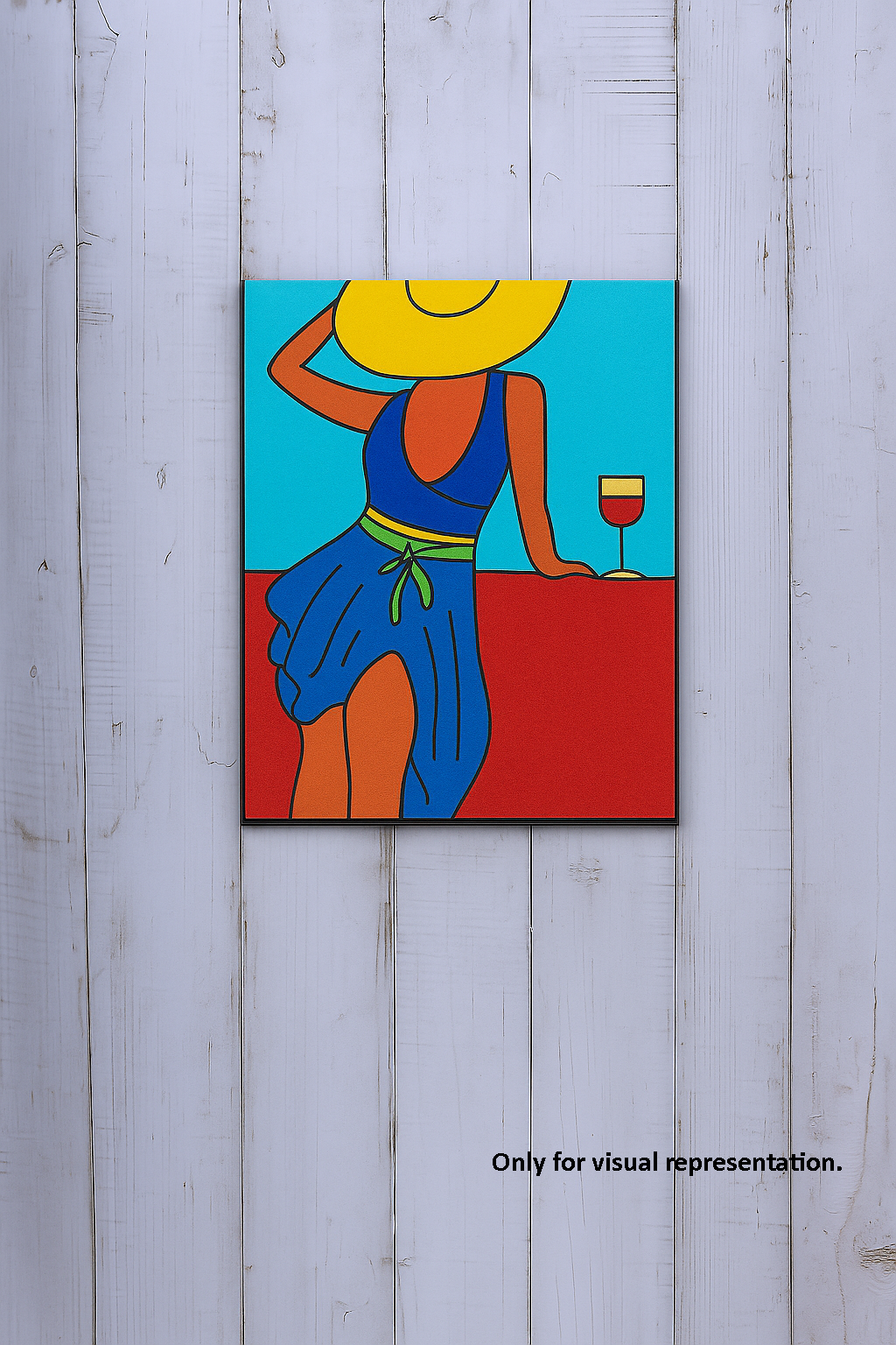 DIY  MDF board with woman in summer hat line art and wine glass outline